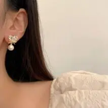 Chic Crystal Bowknot Heart Dangle Pearl Earrings - ArtGalleryZen