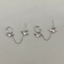 Chic Crystal Heart Angel Wings Ear Cuff Stud Chain Earrings - ArtGalleryZen