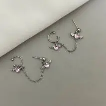 Chic Crystal Heart Angel Wings Ear Cuff Stud Chain Earrings - ArtGalleryZen
