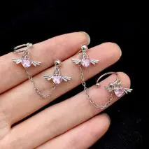 Chic Crystal Heart Angel Wings Ear Cuff Stud Chain Earrings - ArtGalleryZen