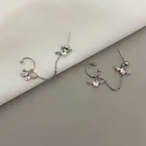 Chic Crystal Heart Angel Wings Ear Cuff Stud Chain Earrings - ArtGalleryZen