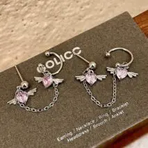 Chic Crystal Heart Angel Wings Ear Cuff Stud Chain Earrings - ArtGalleryZen