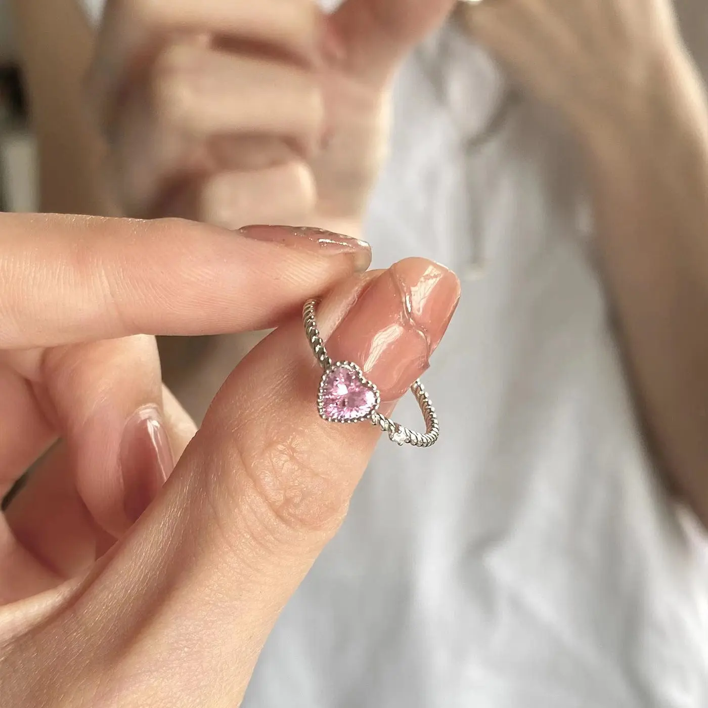 Chic CZ Inlaid Adjustable Pink Crystal Heart Ring - ArtGalleryZen