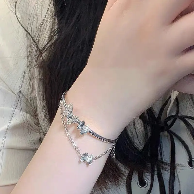 Chic CZ Inlaid Butterfly Charm Cable Chain Bangle Bracelet - ArtGalleryZen