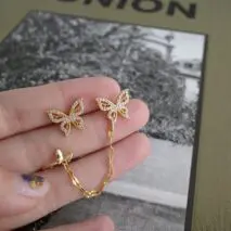 Chic CZ Inlaid Butterfly Ear Cuff Chain Earrings - ArtGalleryZen