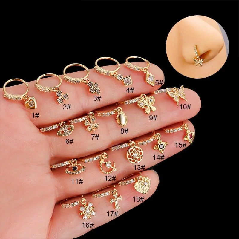 Chic CZ Inlaid Butterfly Evil Eye Heart Dangle Nose Piercing Hoop Nose Ring - ArtGalleryZen