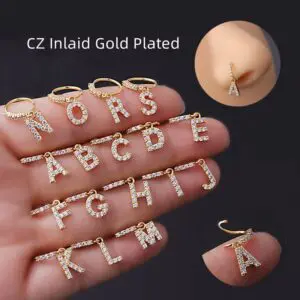 Chic CZ Inlaid Dangling Initial Letter Nose Piercing Nose Hoop - ArtGalleryZen