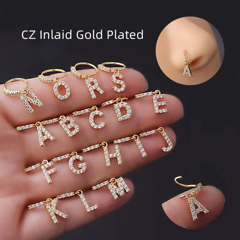 Chic CZ Inlaid Dangling Initial Letter Nose Piercing Nose Hoop - ArtGalleryZen