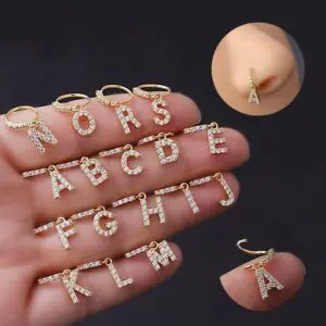 Chic CZ Inlaid Dangling Initial Letter Nose Piercing Nose Hoop - ArtGalleryZen