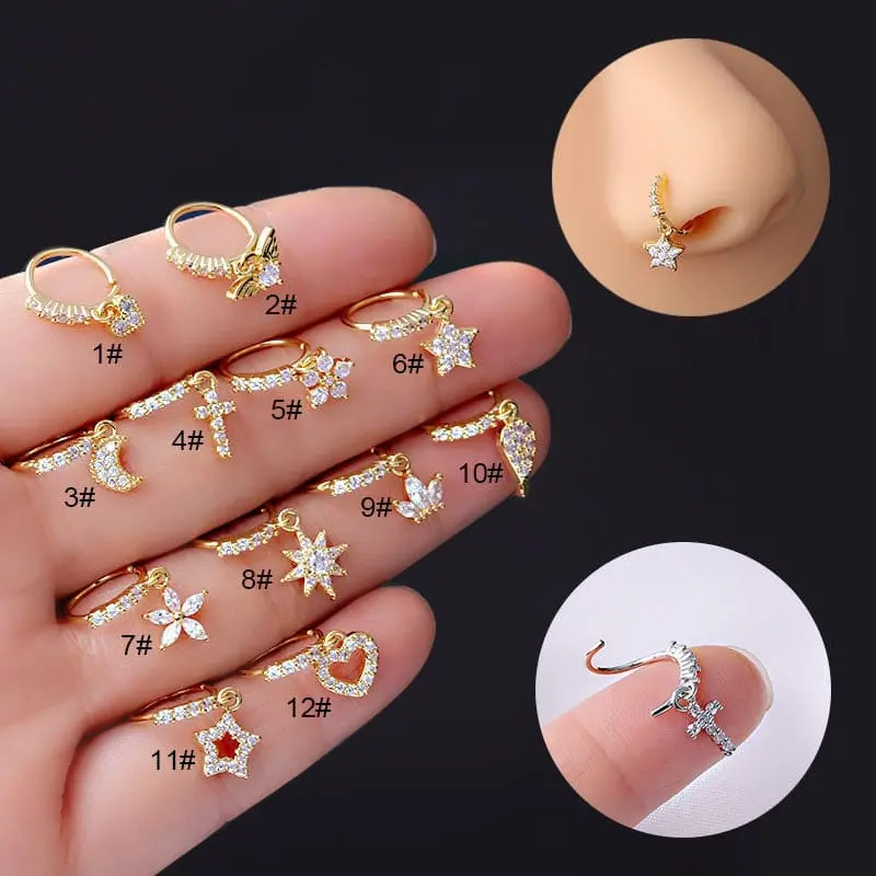 Chic CZ Inlaid Dangling Nose Piercing Nose Hoop - ArtGalleryZen