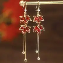 Chic CZ Inlaid Duo Maple Leaf Chain Tassel Earrings - ArtGalleryZen