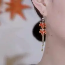 Chic CZ Inlaid Duo Maple Leaf Chain Tassel Earrings - ArtGalleryZen