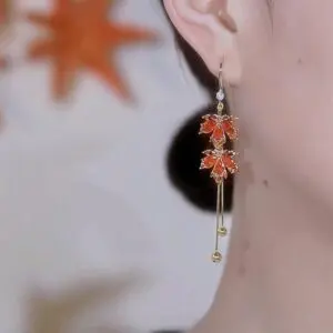 Chic CZ Inlaid Duo Maple Leaf Chain Tassel Earrings - ArtGalleryZen