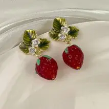 Chic CZ Inlaid Enamel Leaf Strawberry Dangle Earrings - ArtGalleryZen