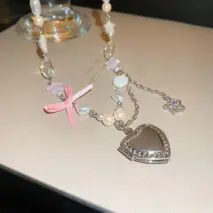 Chic CZ Inlaid Heart Locket Pendant Star Pearl Chain Necklace - ArtGalleryZen