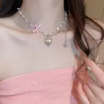 Chic CZ Inlaid Heart Locket Pendant Star Pearl Chain Necklace - ArtGalleryZen