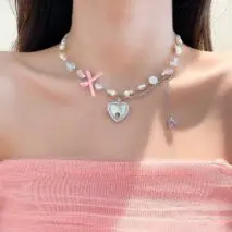 Chic CZ Inlaid Heart Locket Pendant Star Pearl Chain Necklace - ArtGalleryZen