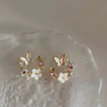 Chic CZ Inlaid Natural Pearl Shell Butterfly Floral Earrings - ArtGalleryZen