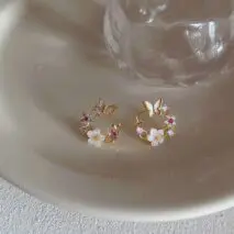 Chic CZ Inlaid Natural Pearl Shell Butterfly Floral Earrings - ArtGalleryZen