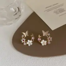 Chic CZ Inlaid Natural Pearl Shell Butterfly Floral Earrings - ArtGalleryZen