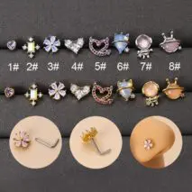Chic CZ Inlaid Opal Astronaut Alien Floral Heart Nose Piercing Nose Stud - ArtGalleryZen