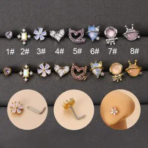 Chic CZ Inlaid Opal Astronaut Alien Floral Heart Nose Piercing Nose Stud - ArtGalleryZen