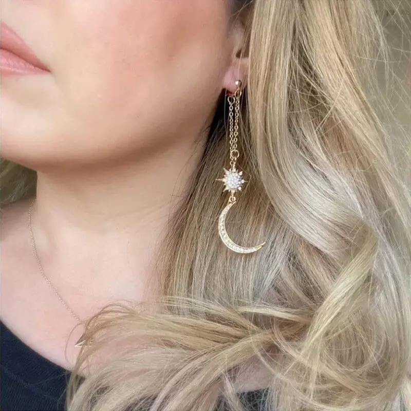 Chic CZ Inlaid Star Moon Phase Dangle Earrings - ArtGalleryZen