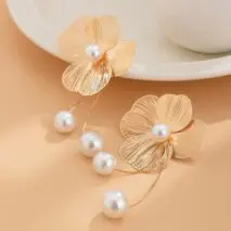 Chic Geometric Floral Pearl Dangle Earrings - ArtGalleryZen