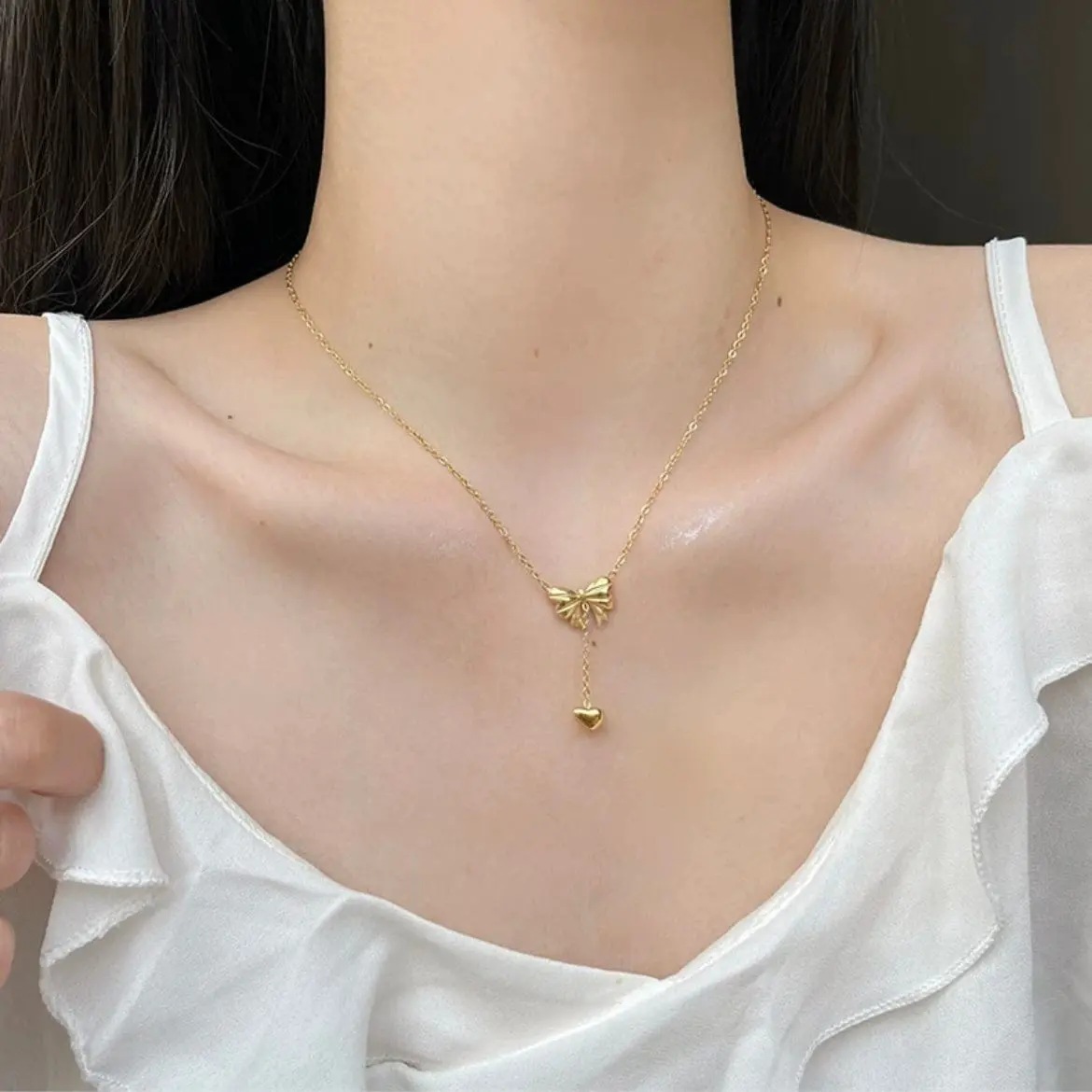 Chic Gold Plated Bowknot Heart Pendant Y Necklace - ArtGalleryZen