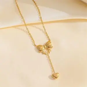 Chic Gold Plated Bowknot Heart Pendant Y Necklace - ArtGalleryZen