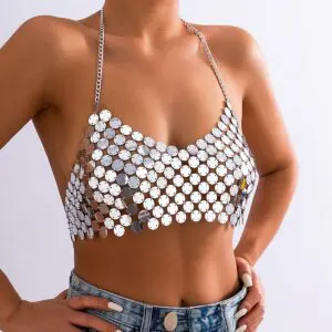 Chic Gold Silver Tone Backless Sequins Bra - ArtGalleryZen
