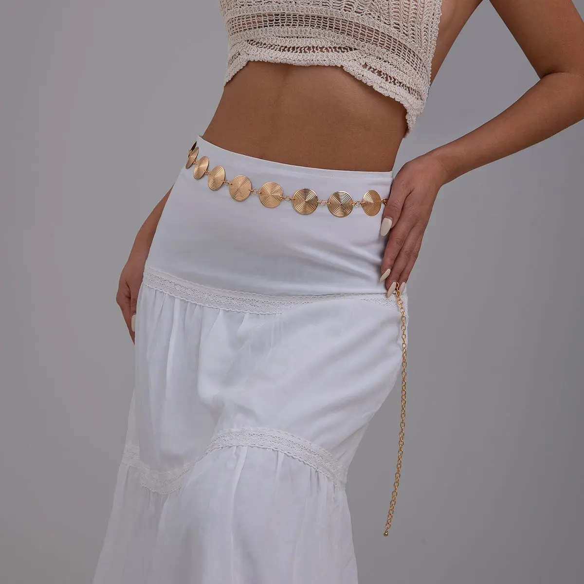 Chic Gold Silver Tone Threaded Round Disk Waist Chain - ArtGalleryZen