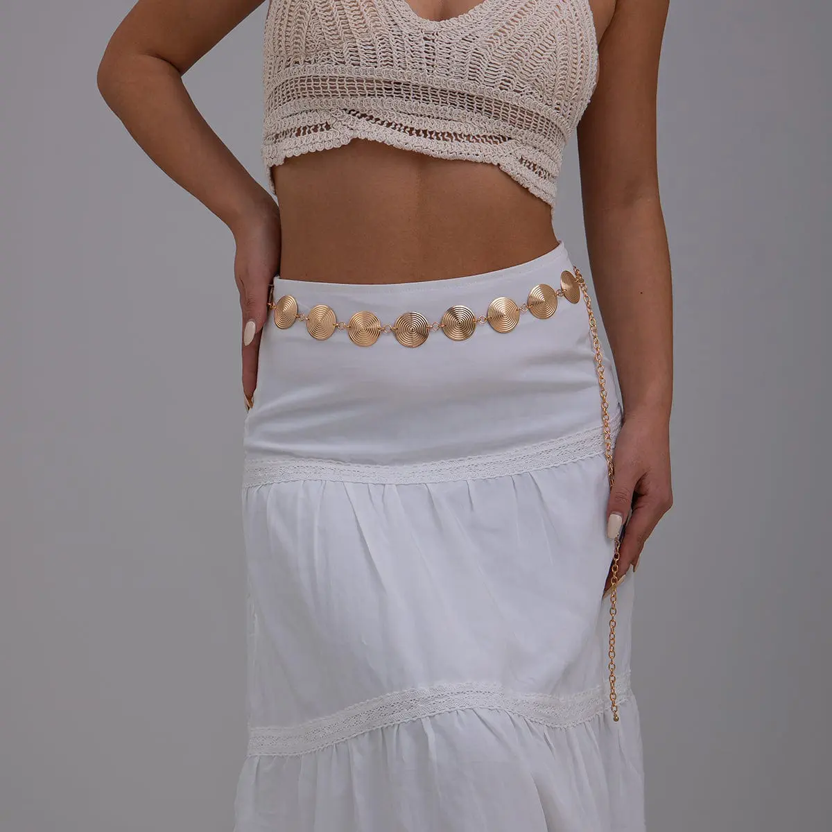 Chic Gold Silver Tone Threaded Round Disk Waist Chain - ArtGalleryZen
