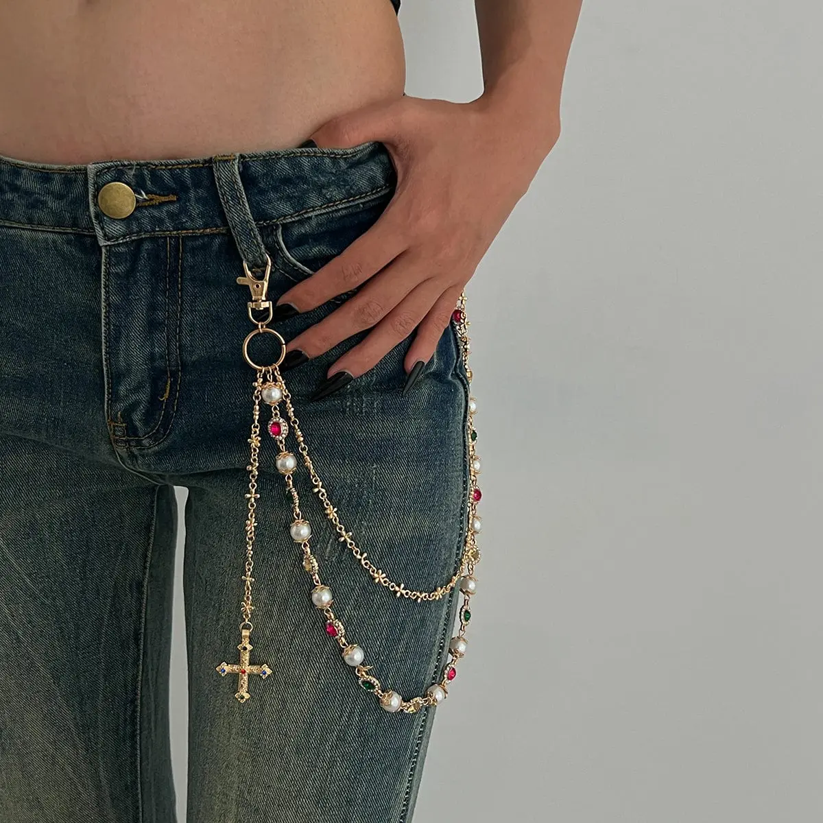 Chic Layered Cross Pendant Pearl Crystal Trouser Chain - ArtGalleryZen