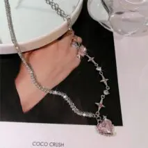 Chic Layered CZ Inlaid Pink And Black Crystal Heart Pendant Star Chain Necklace - ArtGalleryZen