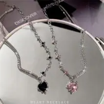 Chic Layered CZ Inlaid Pink And Black Crystal Heart Pendant Star Chain Necklace - ArtGalleryZen