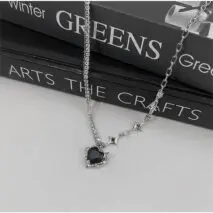 Chic Layered CZ Inlaid Pink And Black Crystal Heart Pendant Star Chain Necklace - ArtGalleryZen