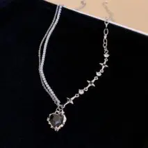 Chic Layered CZ Inlaid Pink And Black Crystal Heart Pendant Star Chain Necklace - ArtGalleryZen