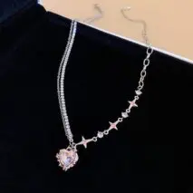 Chic Layered CZ Inlaid Pink And Black Crystal Heart Pendant Star Chain Necklace - ArtGalleryZen
