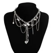 Chic Layered Pearl Rivet Tassel Heart Pendant Cable Chain Y Necklace - ArtGalleryZen