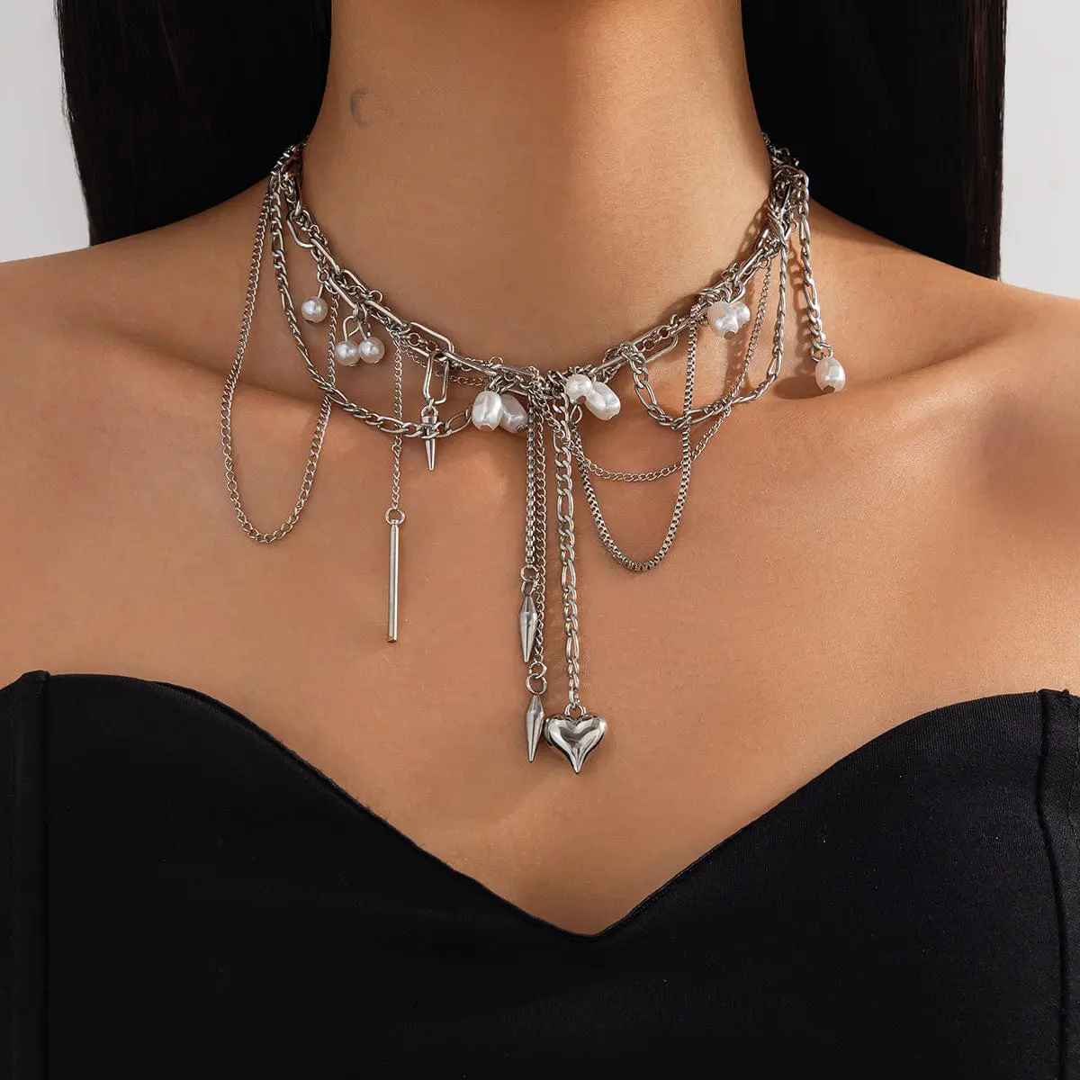 Chic Layered Pearl Rivet Tassel Heart Pendant Cable Chain Y Necklace - ArtGalleryZen