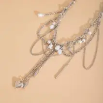 Chic Layered Pearl Rivet Tassel Heart Pendant Cable Chain Y Necklace - ArtGalleryZen