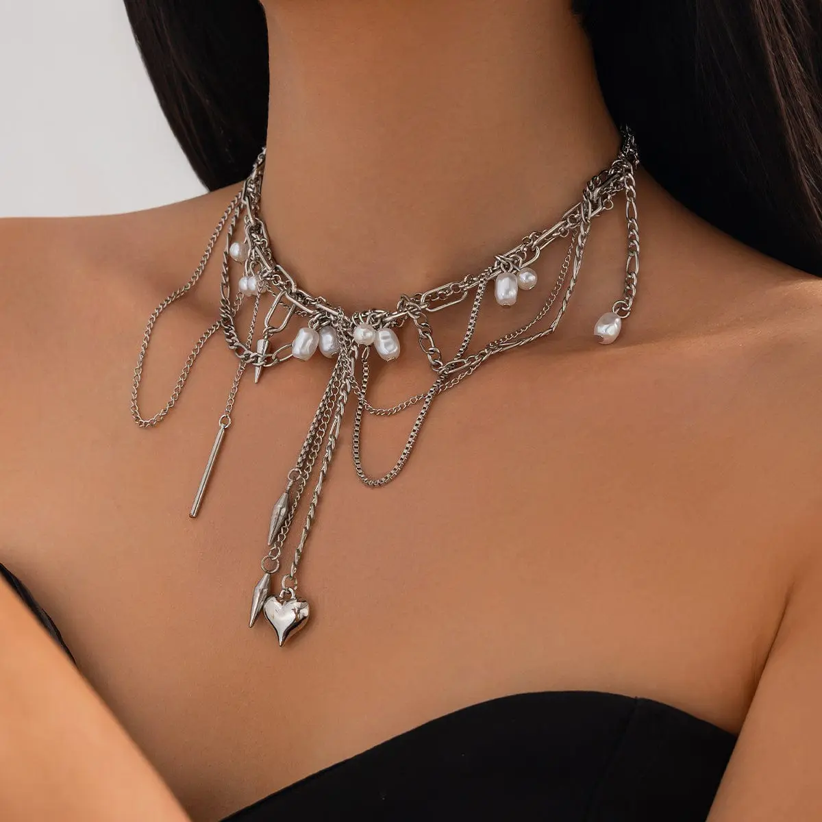 Chic Layered Pearl Rivet Tassel Heart Pendant Cable Chain Y Necklace - ArtGalleryZen