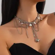 Chic Layered Pearl Rivet Tassel Heart Pendant Cable Chain Y Necklace - ArtGalleryZen