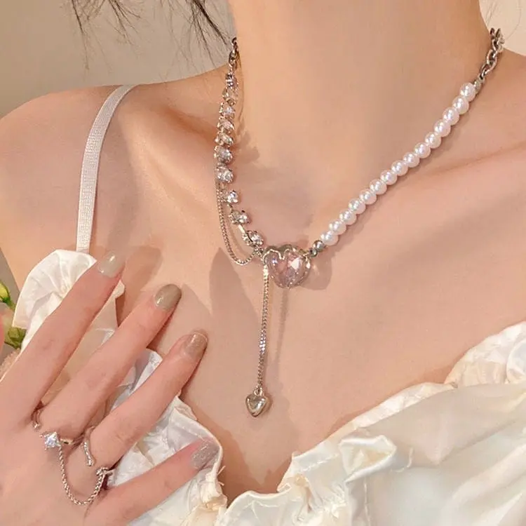 Chic Layered Pink Heart Pendant Cubic Zirconia Pearl Chain Necklace - ArtGalleryZen