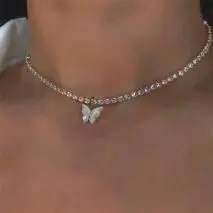 Chic Layered Rhinestone Inlaid Butterfly Initial Letter Pendant Choker Necklace Set - ArtGalleryZen