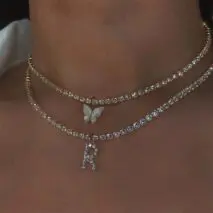 Chic Layered Rhinestone Inlaid Butterfly Initial Letter Pendant Choker Necklace Set - ArtGalleryZen