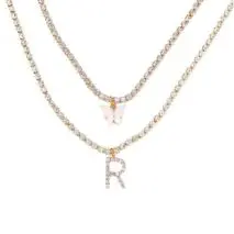 Chic Layered Rhinestone Inlaid Butterfly Initial Letter Pendant Choker Necklace Set - ArtGalleryZen