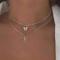 Chic Layered Rhinestone Inlaid Butterfly Initial Letter Pendant Choker Necklace Set - ArtGalleryZen