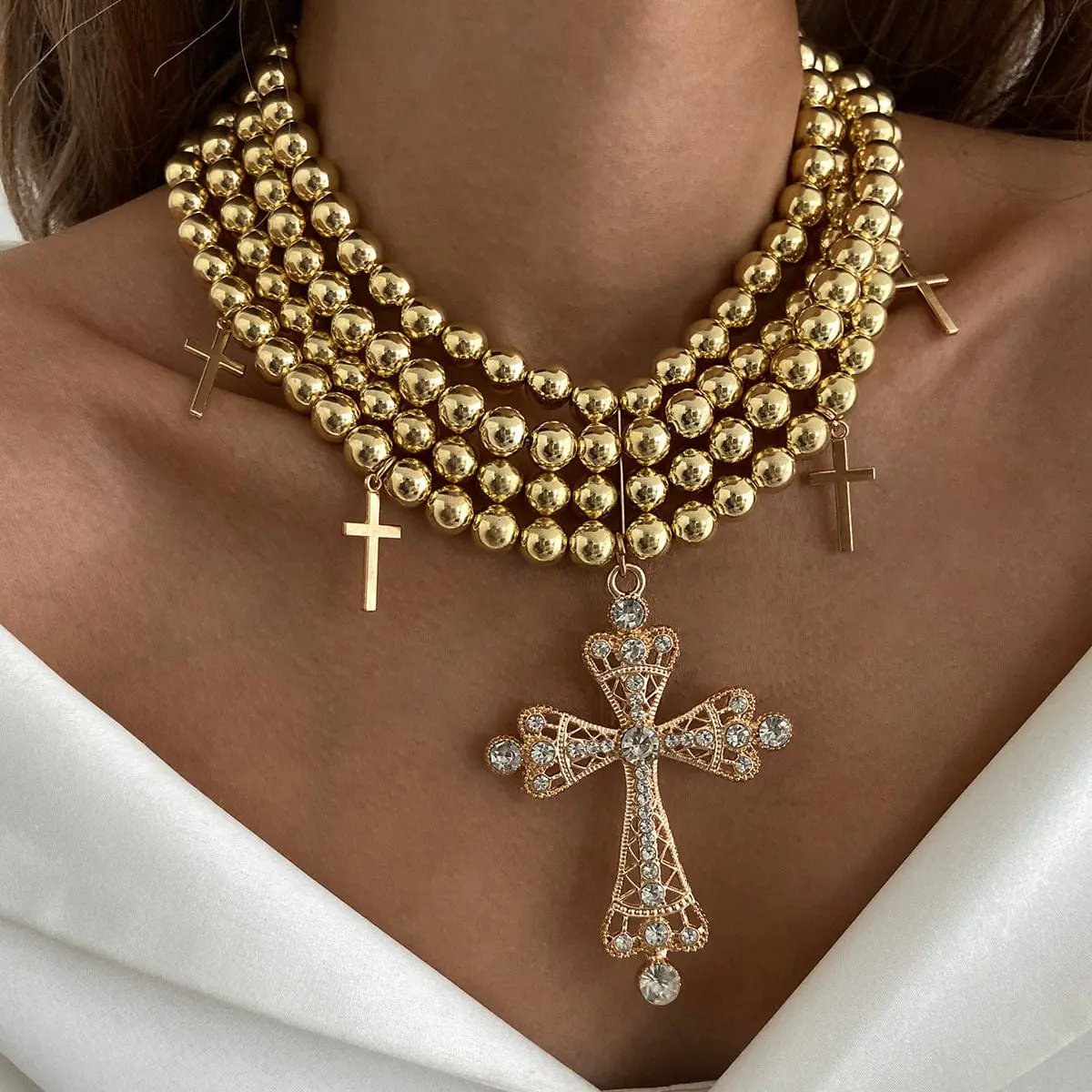 Chic Layered Rhinestone Inlaid Cross Pendant Ball Chain Necklace - ArtGalleryZen